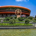 Flag of India flying at a diplomatic summit in New Delhi.